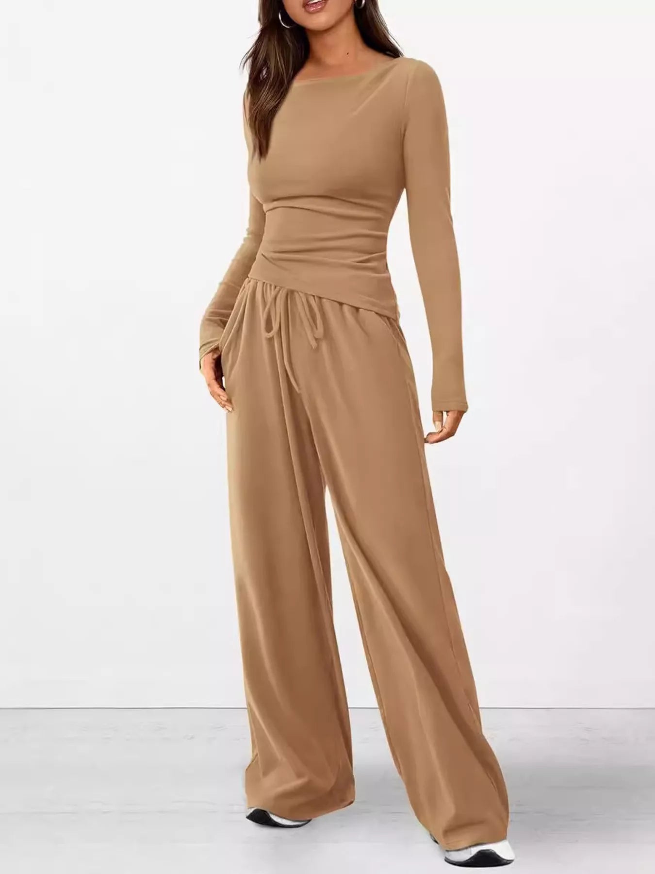 Long Sleeve Top and Wide Leg Pants Set by Trendsi