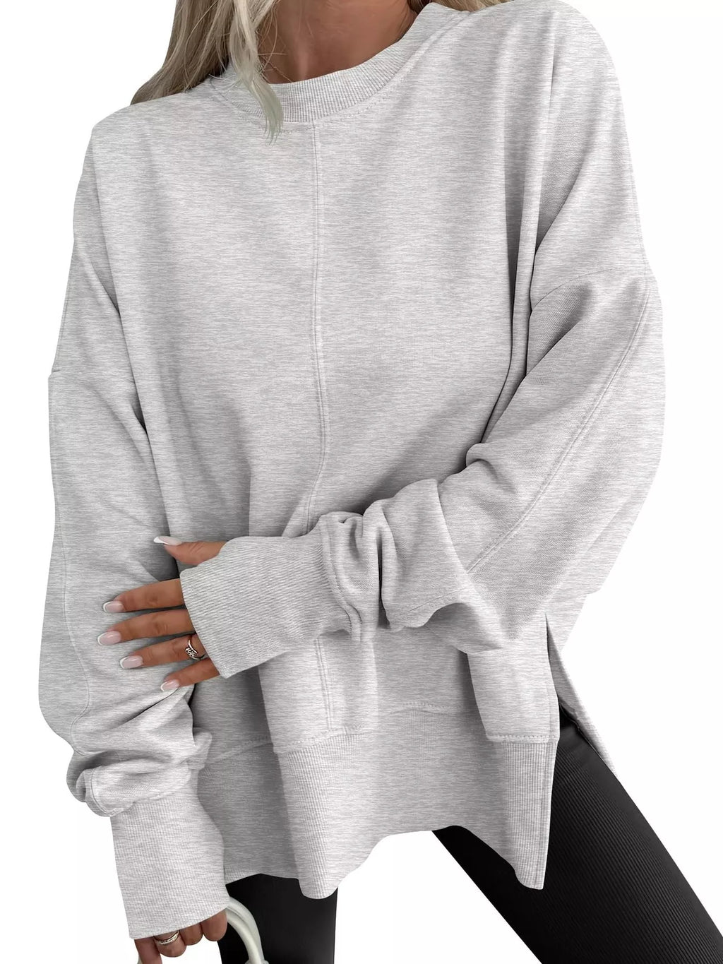 Side Slit Round Neck Long Sleeve Sweatshirt by Trendsi
