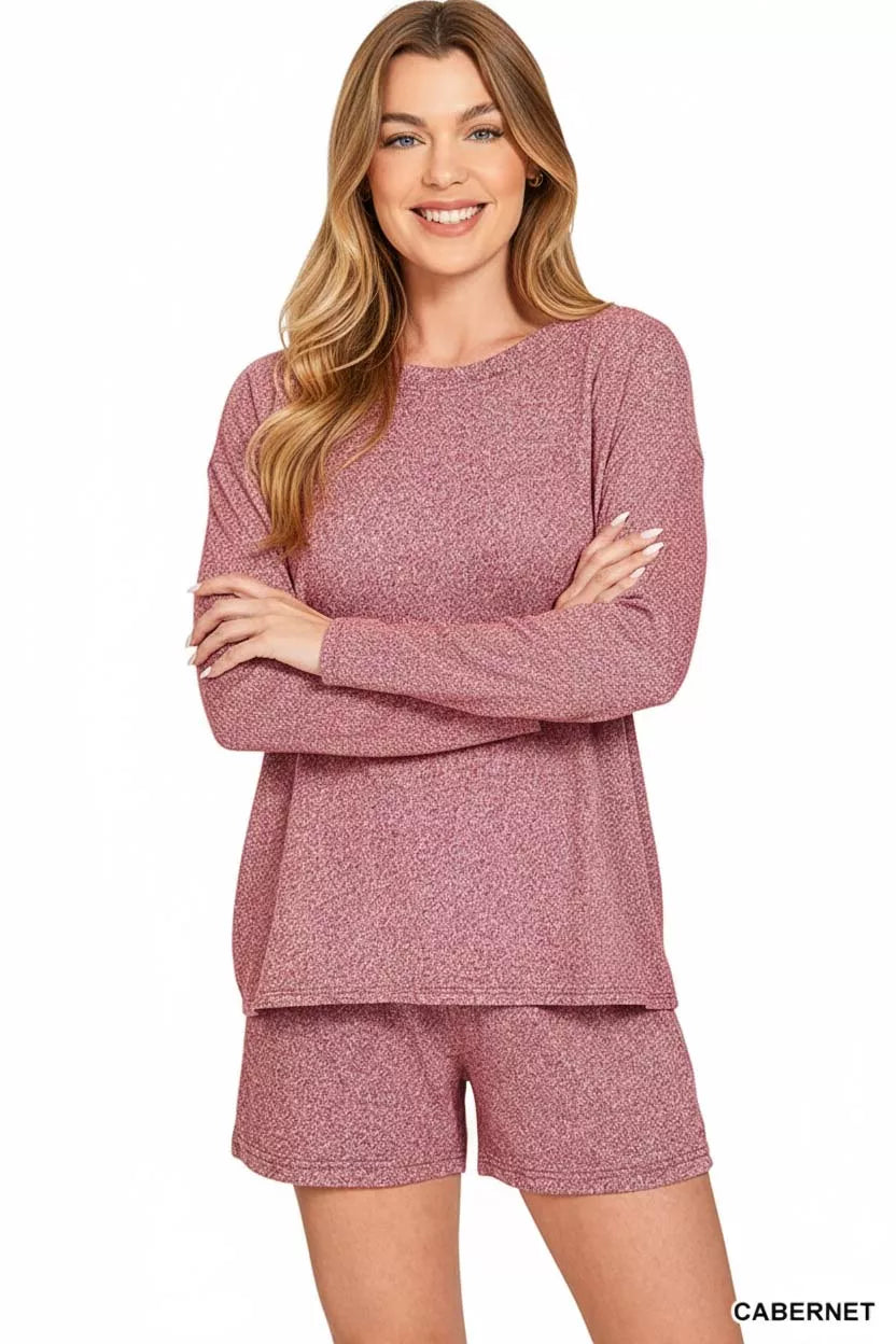 Zenana Soft Melange Long Sleeve Tee and Shorts Set by Trendsi
