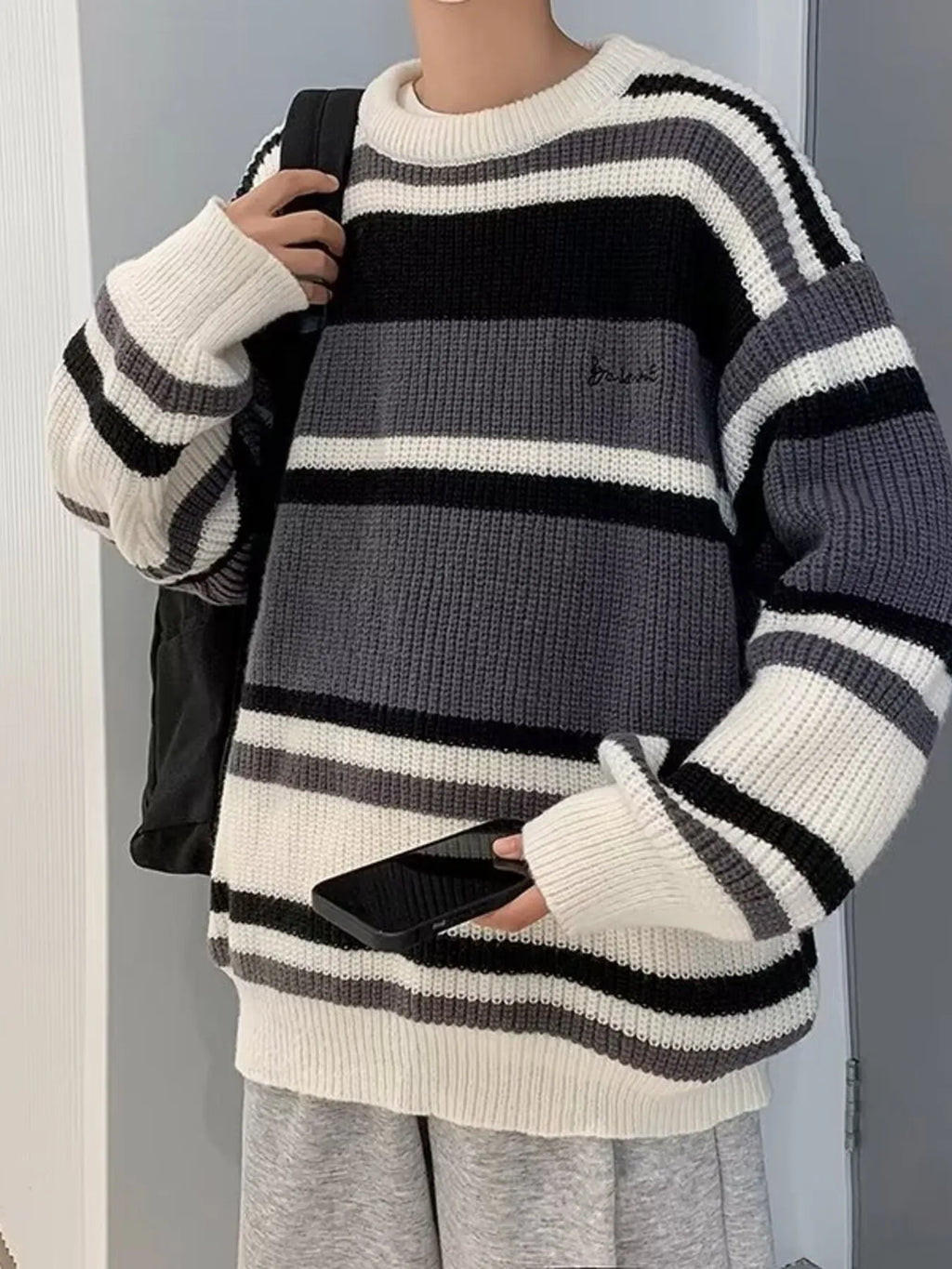 Men's Striped Knit Pullover with Embroidered Detail by Trendsi