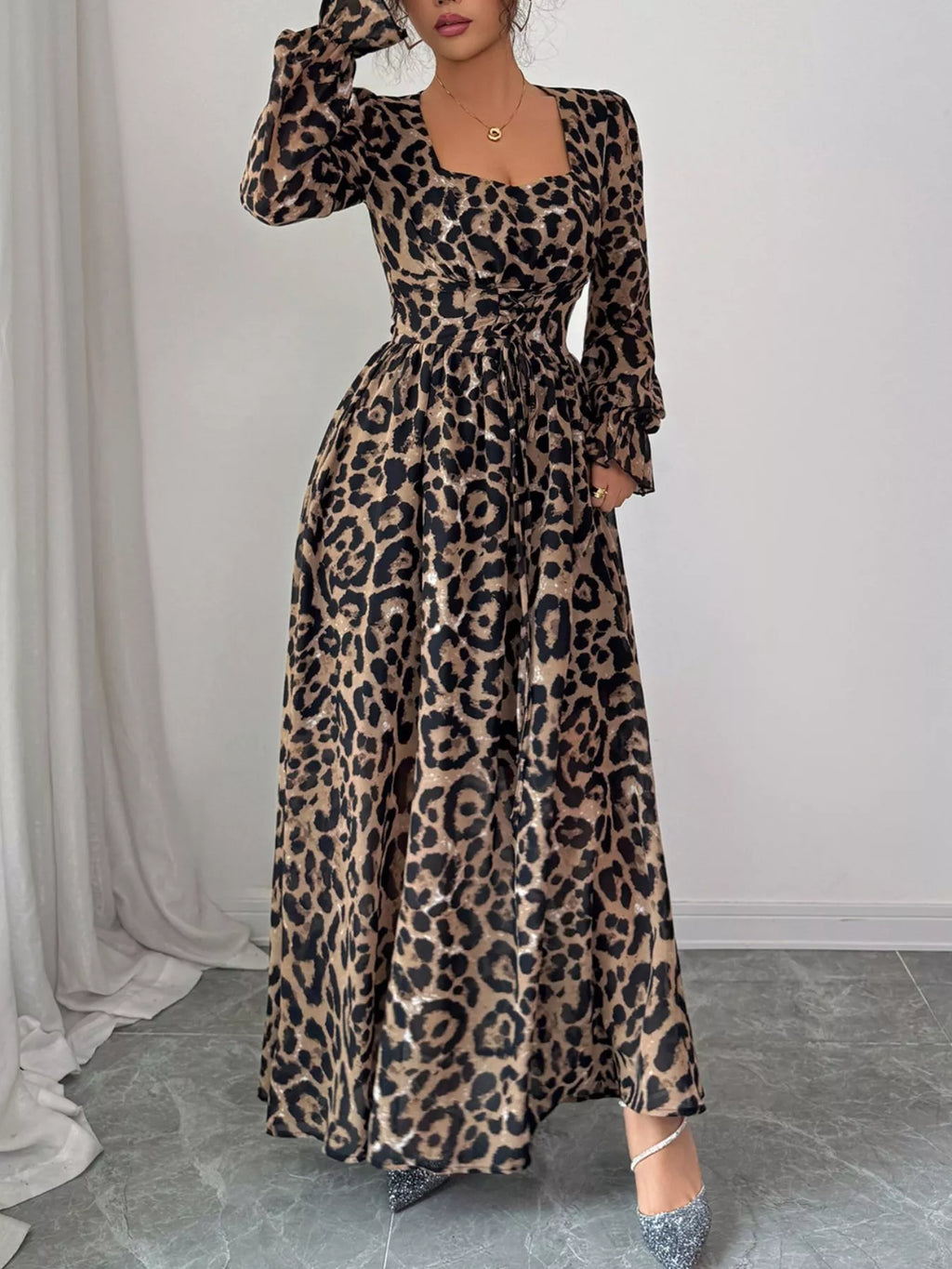 Leopard Sweetheart Neck Flounce Sleeve Maxi Dress by Trendsi