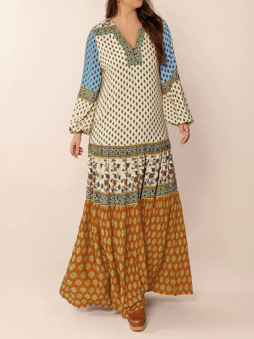 Bohemian Mixed Print Long Sleeve Maxi Dress by Trendsi