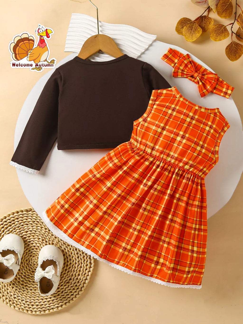 Children's Plaid Turkey Embroidered Bowknot Dress 3 Piece Set by Trendsi