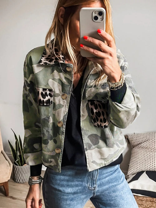 Camo Print Leopard Trim Button Up Jacket by Trendsi