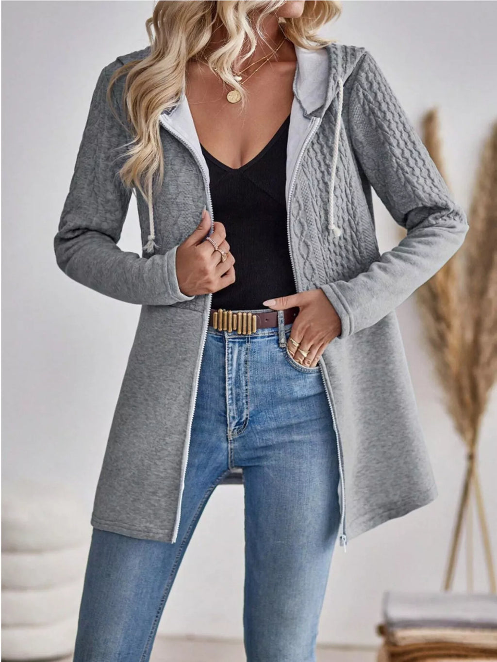 Drawstring Textured Zip Up Drawstring Hooded Jacket by Trendsi