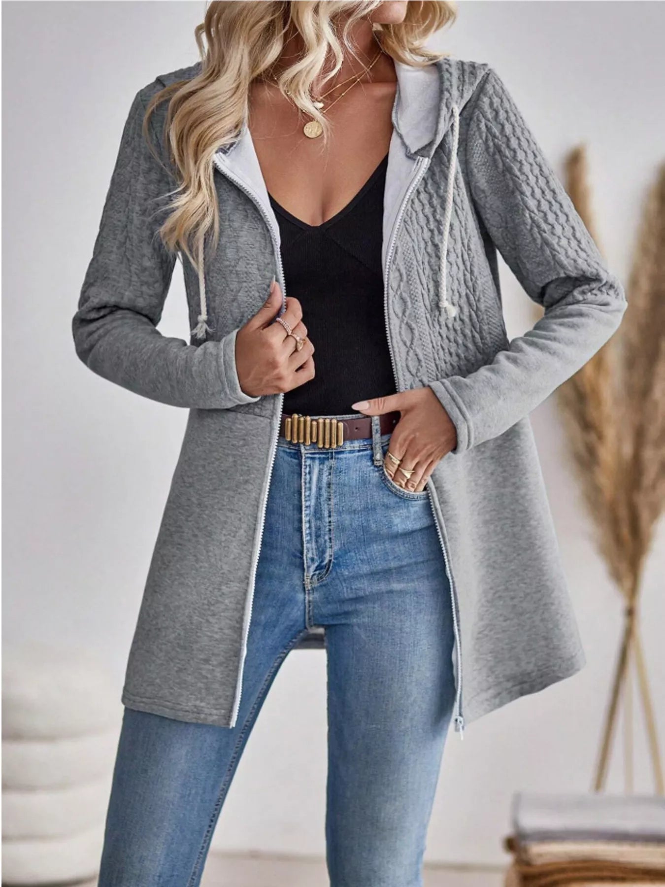 Drawstring Textured Zip Up Drawstring Hooded Jacket by Trendsi
