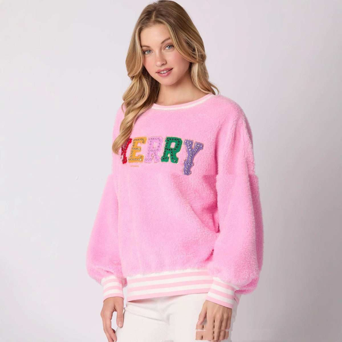Letter Rhinestone Long Sleeve Pullover Hoodie Round Neck by DC-THE CEO
