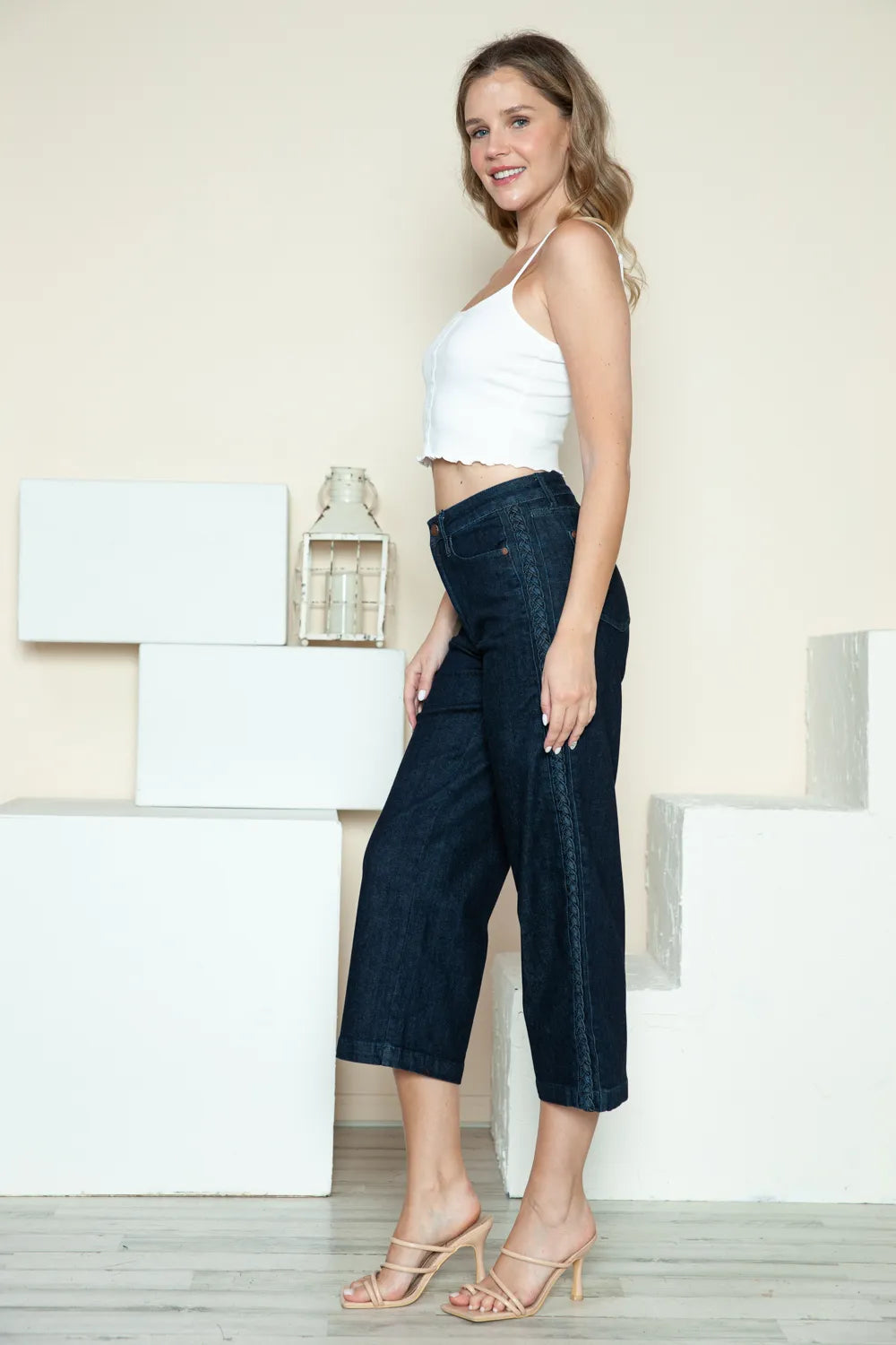 Judy Blue Full Size Side Seam Braid Detail Crop Wide Leg Jeans by Trendsi