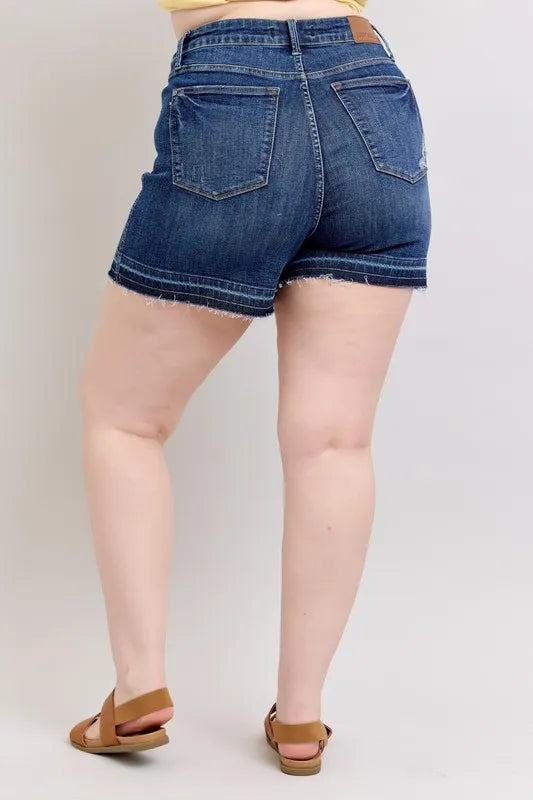Judy Blue Full Size High Waist Tummy Control Destroy Release Hem Denim Shorts Plus Size by Trendsi