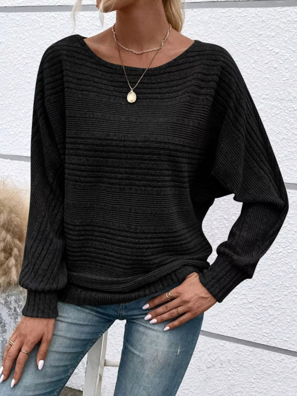 Ribbed Round Neck Long Sleeve Top by Trendsi