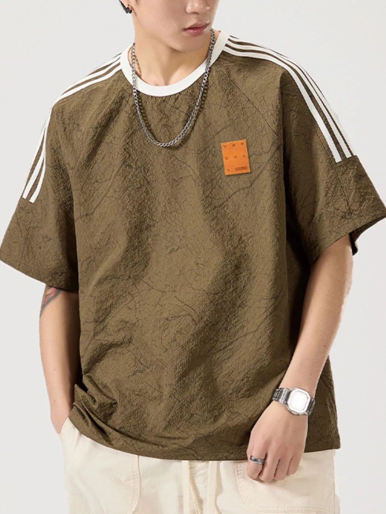 Men's Full Size Striped Shoulder Relaxed Fit T-Shirt Plus Size by Trendsi