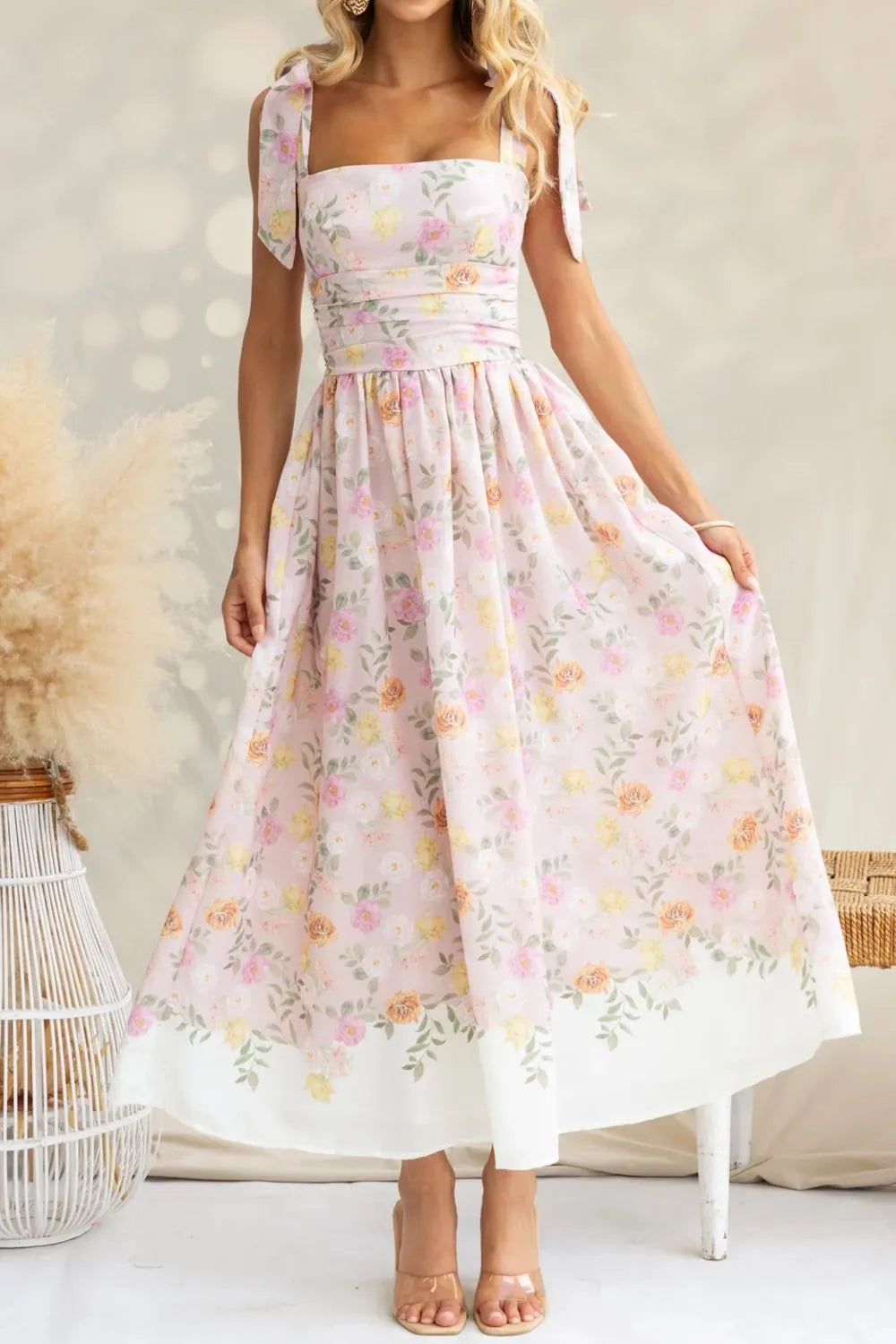 Printed Tie Shoulder Midi Cami Dress by Trendsi