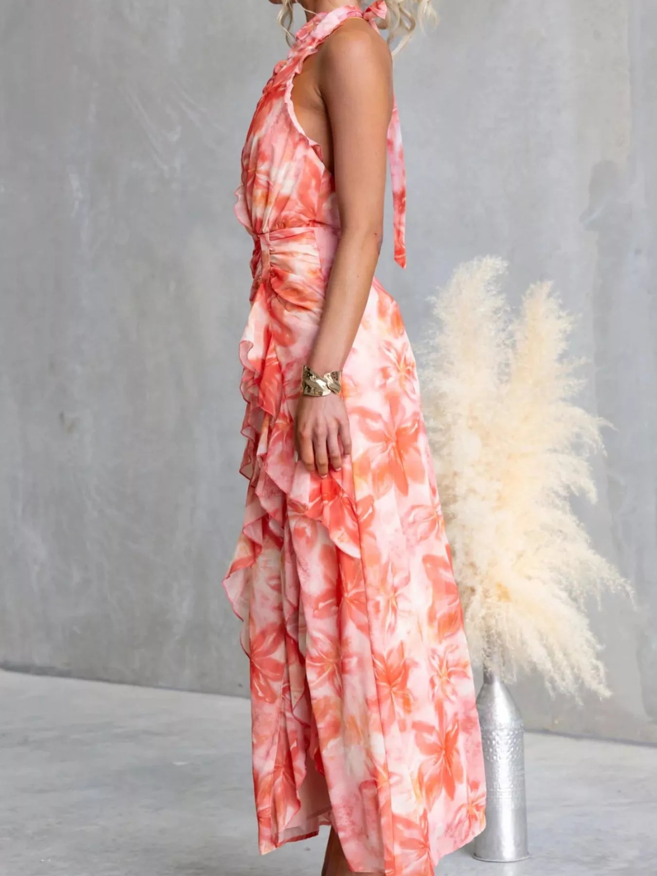 Floral Print Ruffle Halter Neck Maxi Dress by Trendsi