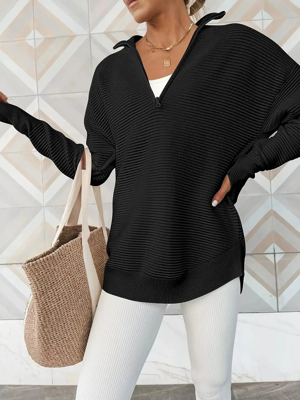 Half Zip Long Sleeve Knit Top by Trendsi