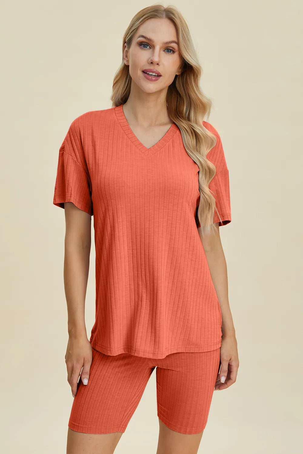 Basic Bae Full Size Ribbed V-Neck Short Sleeve Top and Shorts Set by Trendsi