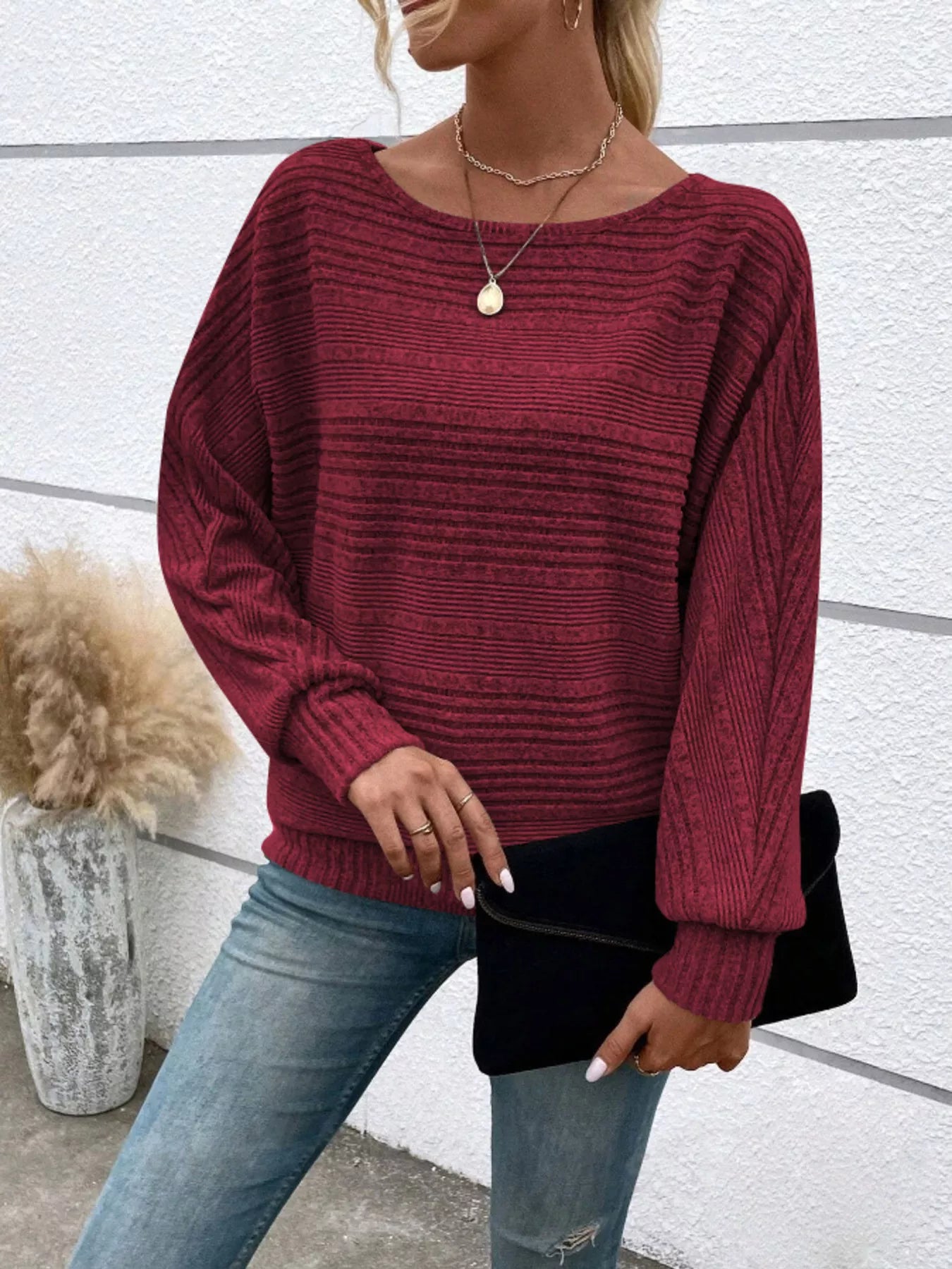 Ribbed Round Neck Long Sleeve Top by Trendsi
