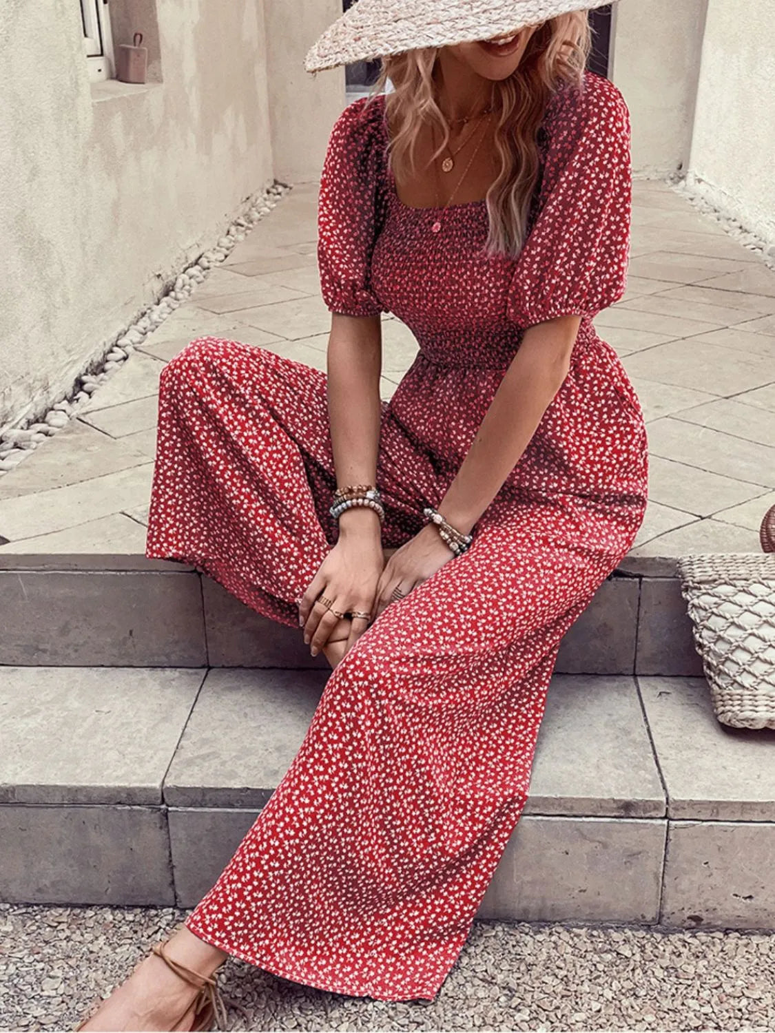 Printed Square Neck Puff Sleeve Jumpsuit by Trendsi