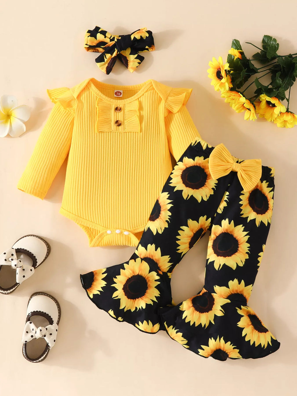 Children's Ruffled Ribbed Top and Sunflower Pants Set by Trendsi