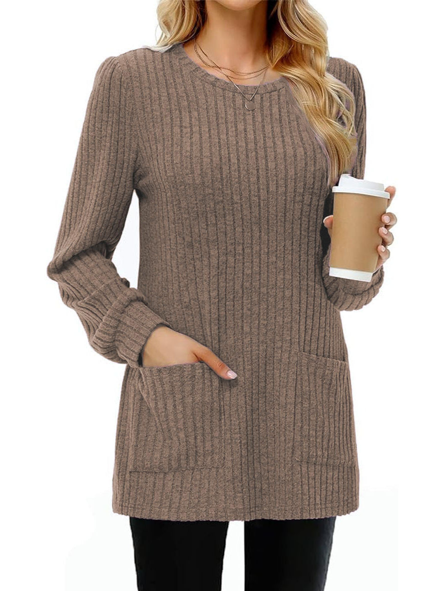 Mid-length Sweater Round Neck Sunken Stripe Solid Color Pocket Top by DC-THE CEO