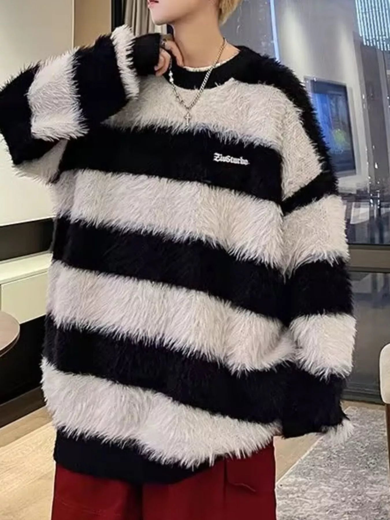 Men's Striped Fuzzy Knit Pullover Sweater by Trendsi