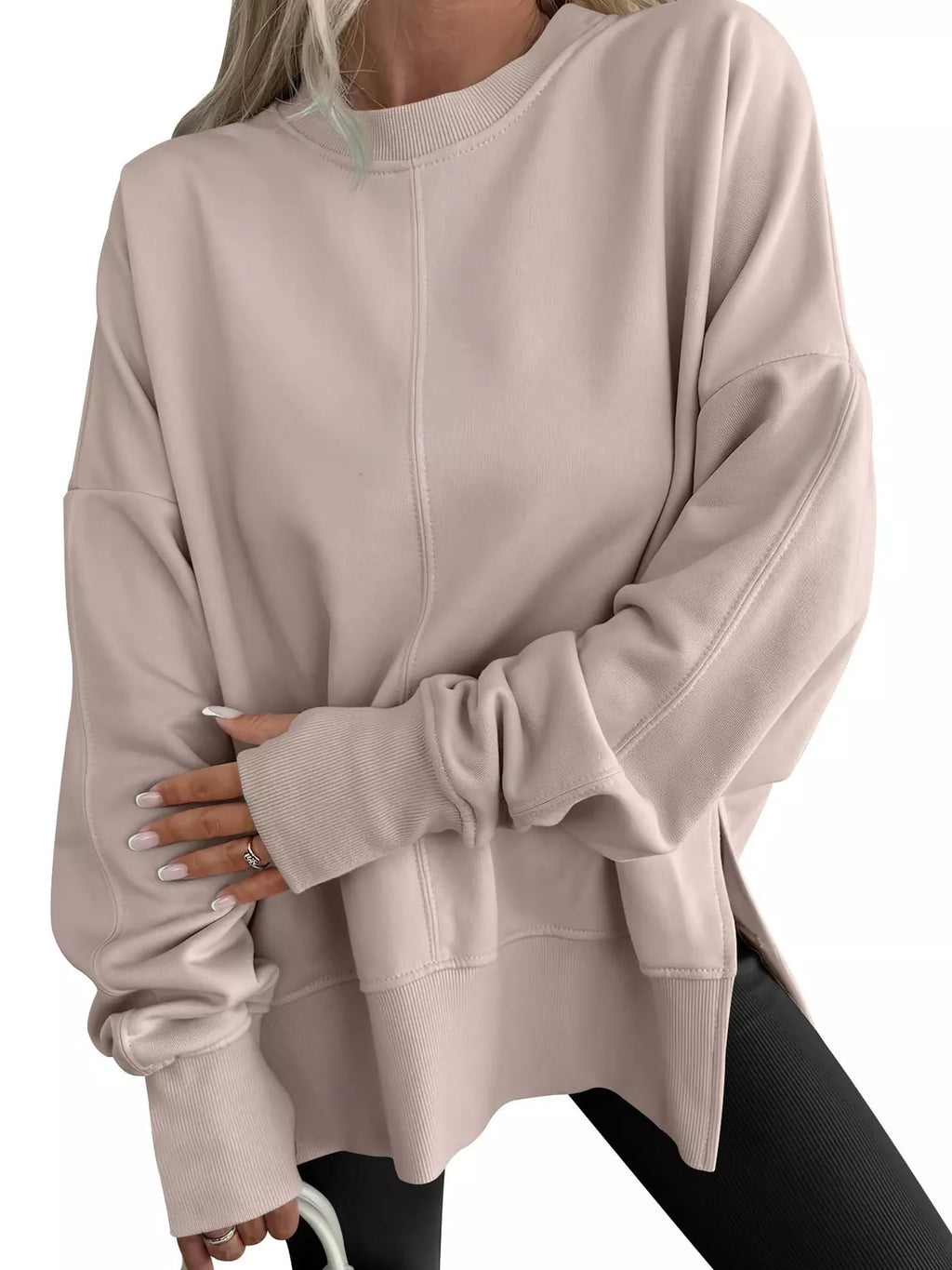 Side Slit Round Neck Long Sleeve Sweatshirt by Trendsi
