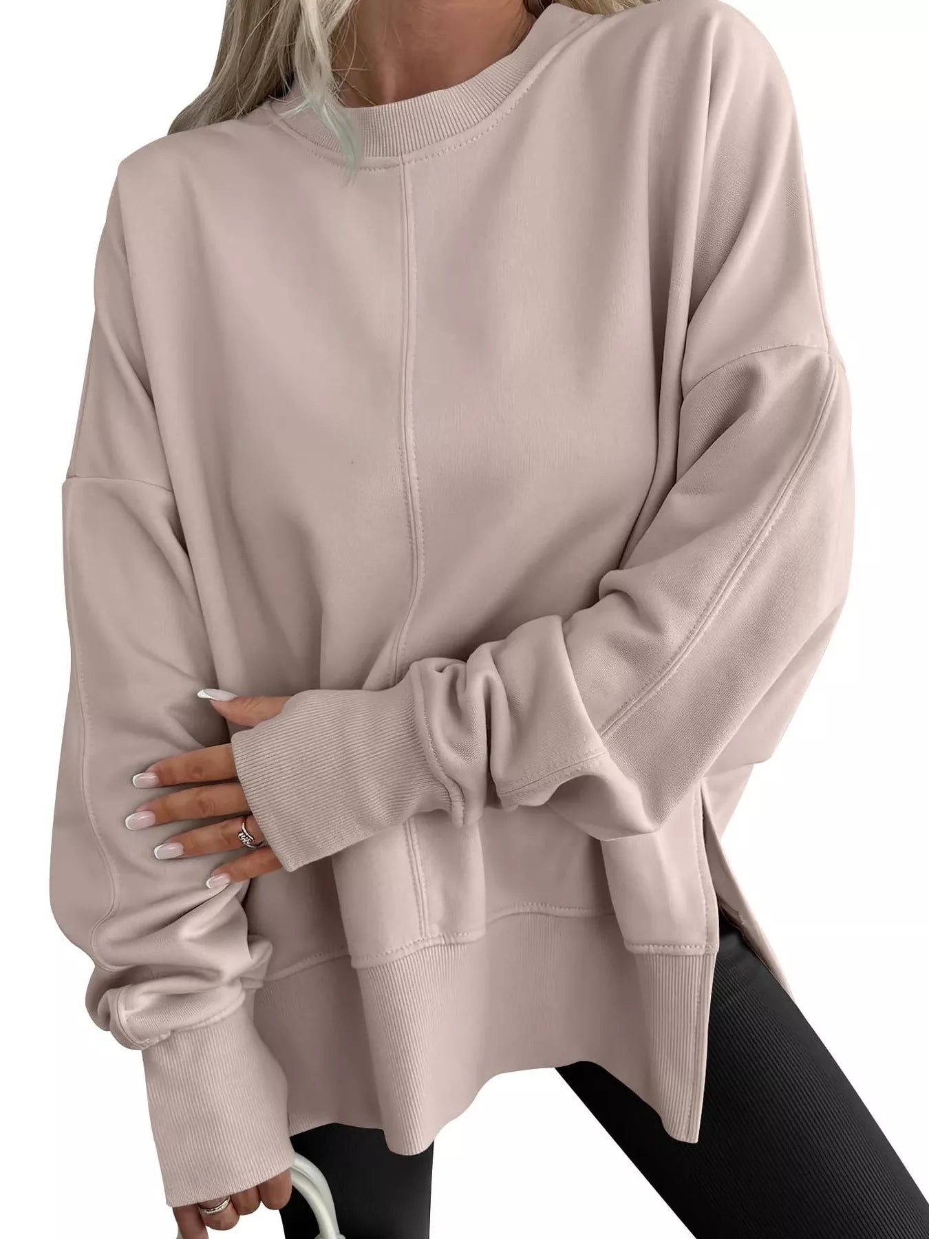 Side Slit Round Neck Long Sleeve Sweatshirt by Trendsi