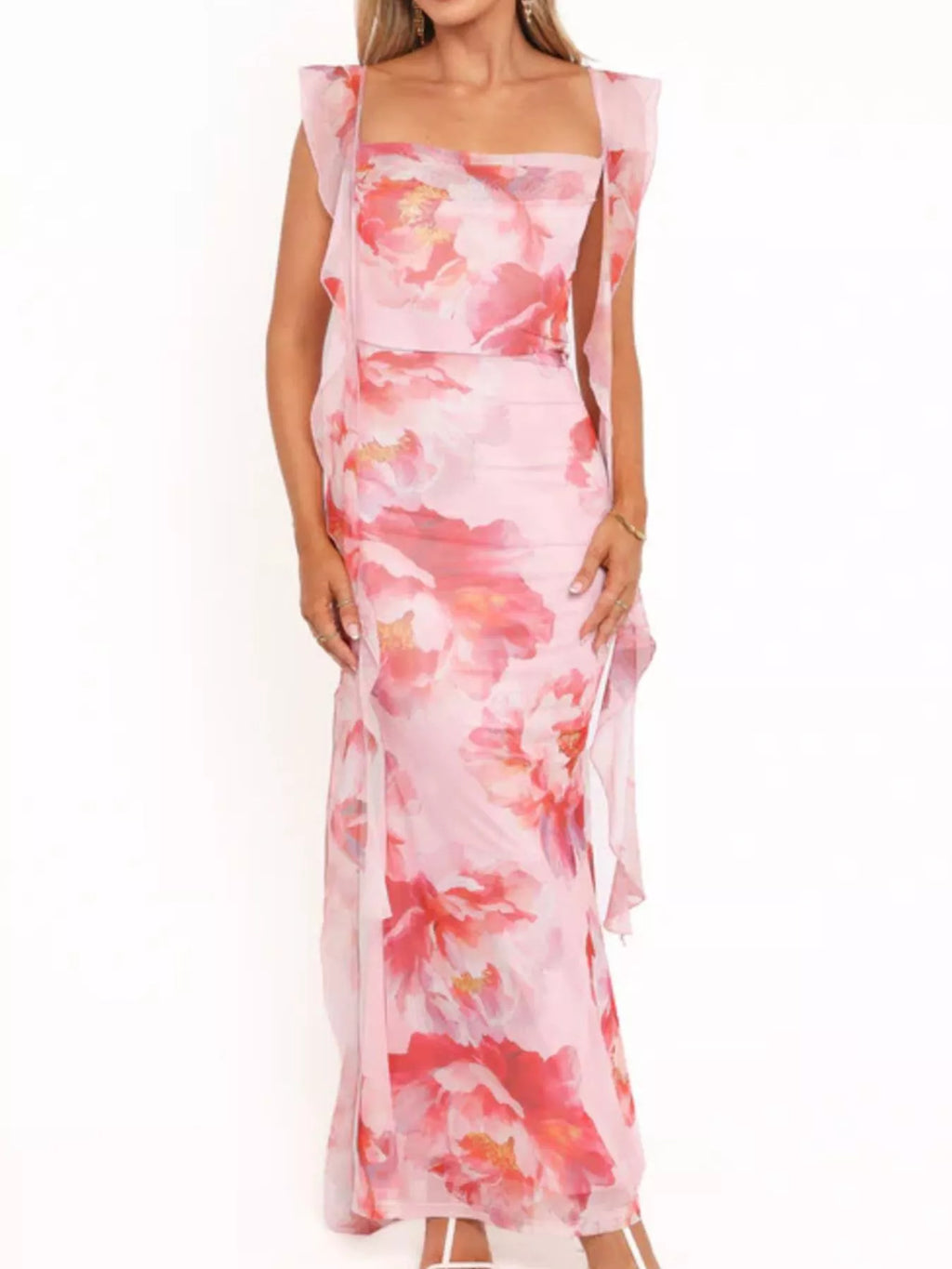 Floral Print Ruffle Trim Bodycon Maxi Dress by Trendsi
