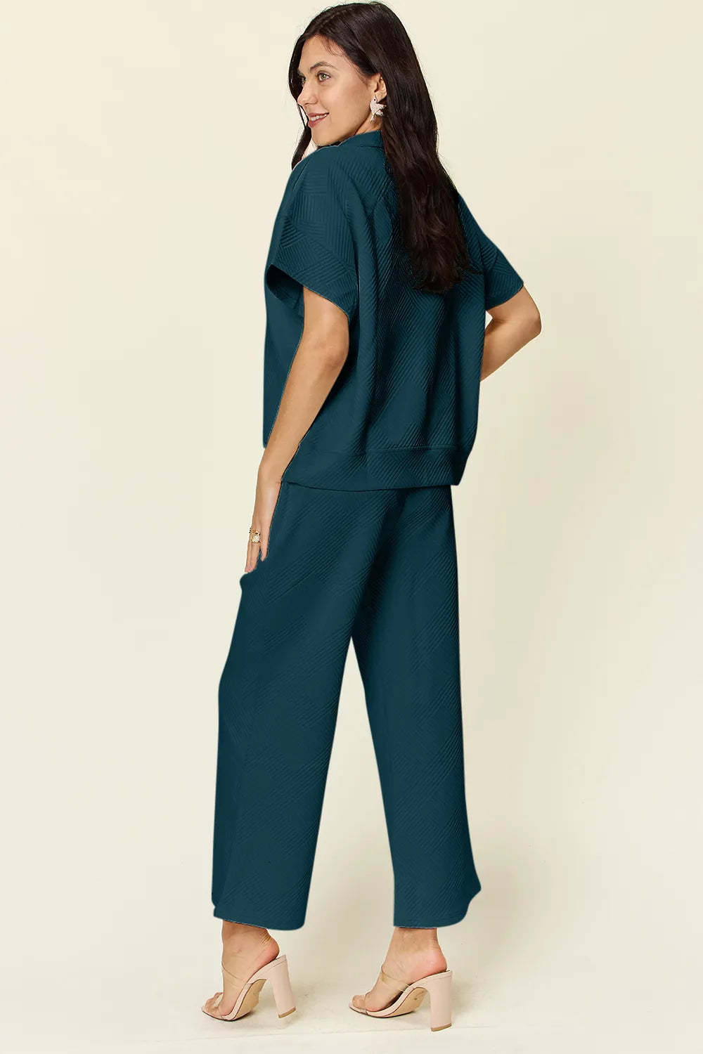Double Take Full Size Texture Half Zip Short Sleeve Top and Pants Set by Trendsi
