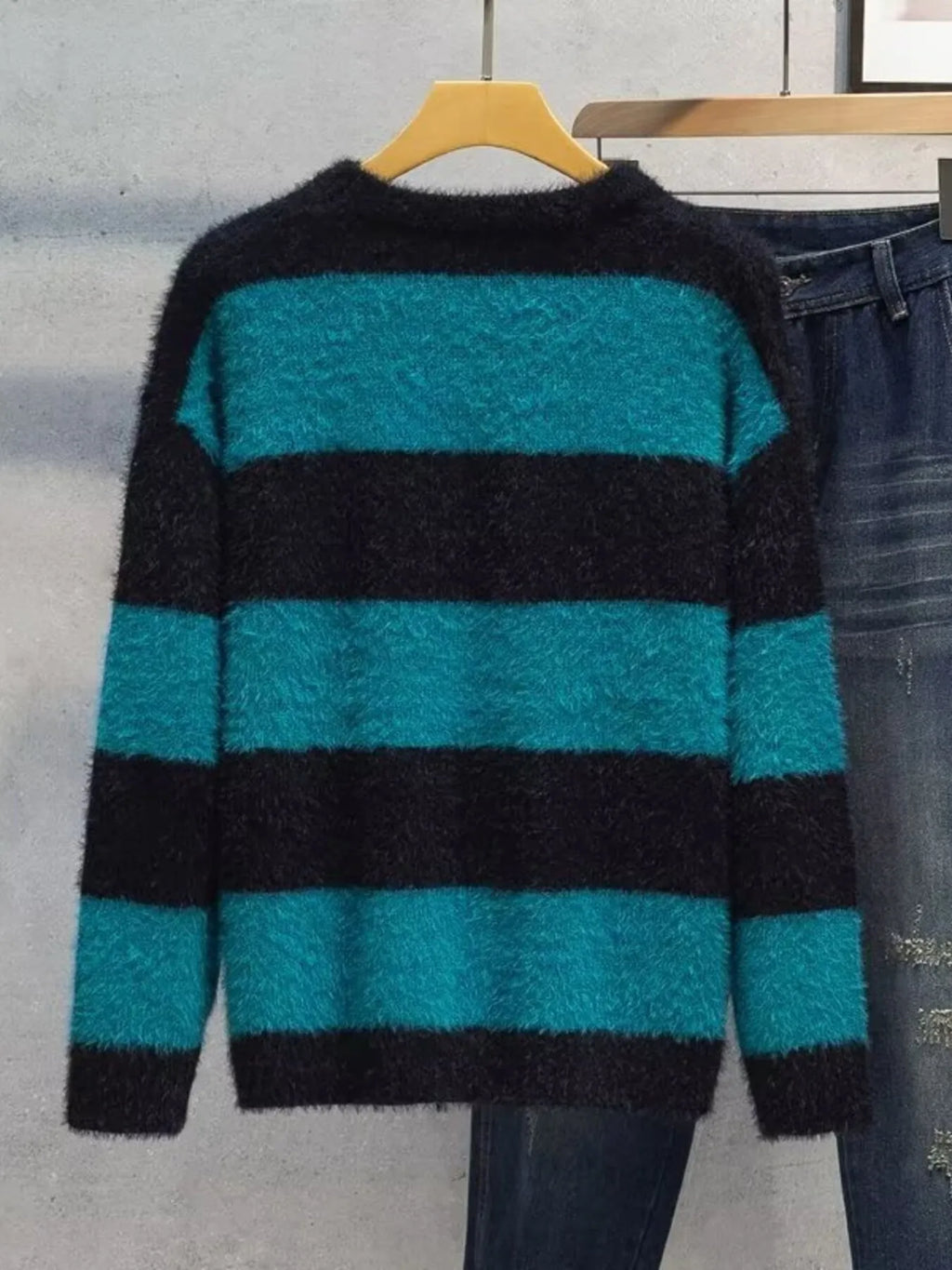 Men's Plus Size Striped Fuzzy Knit Pullover Sweater by Trendsi