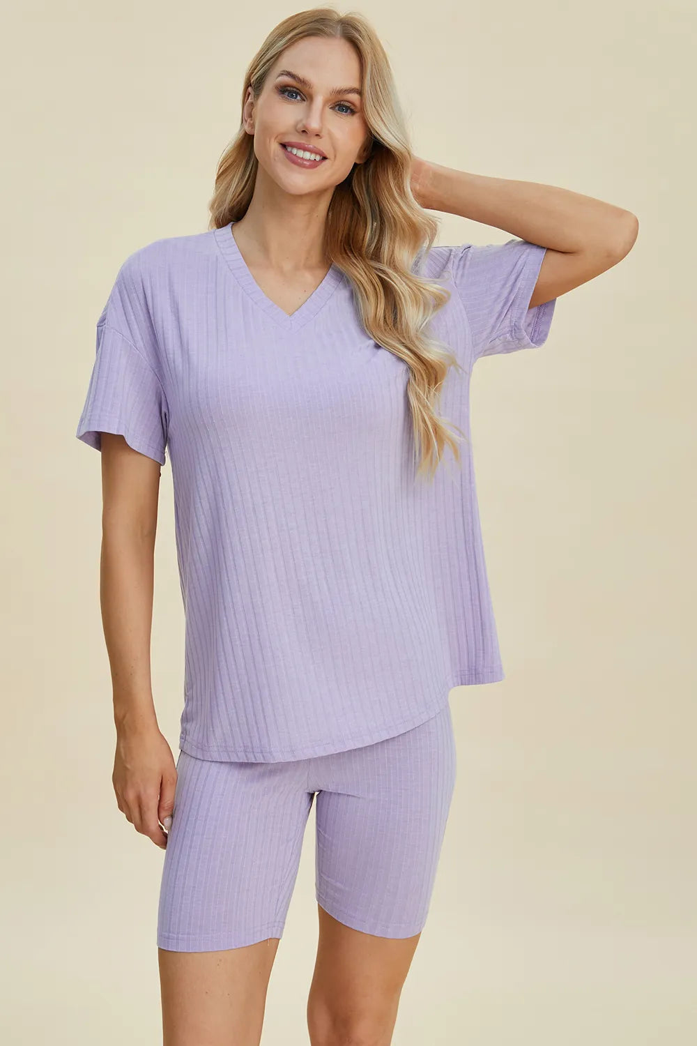 Basic Bae Full Size Ribbed V-Neck Short Sleeve Top and Shorts Set by Trendsi
