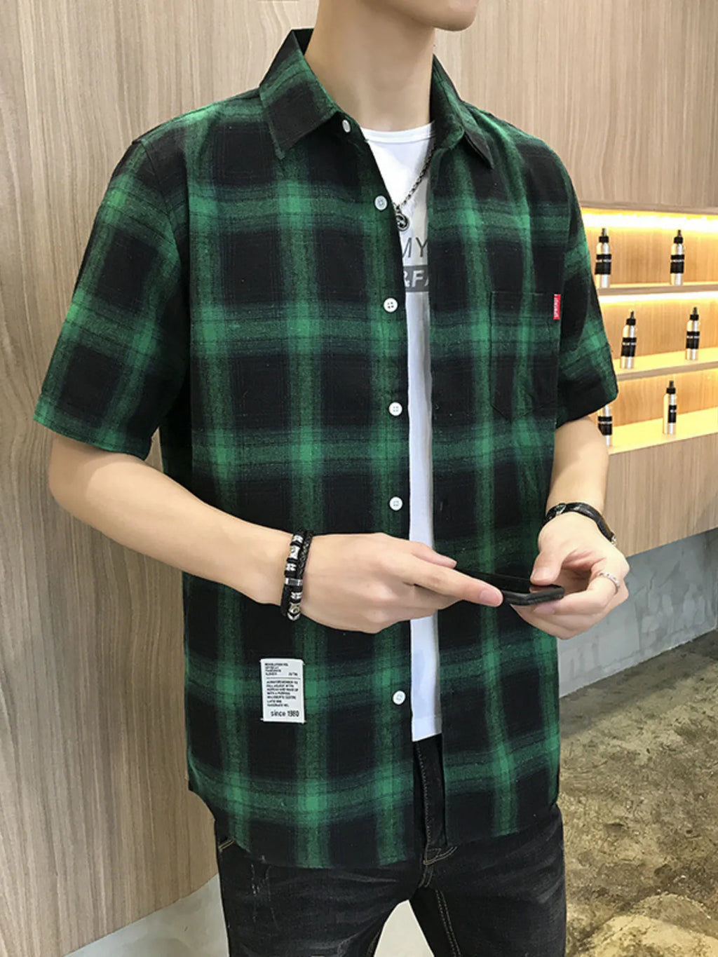 Men's Plus Size Plaid Button-Down Short Sleeve Shirt by Trendsi