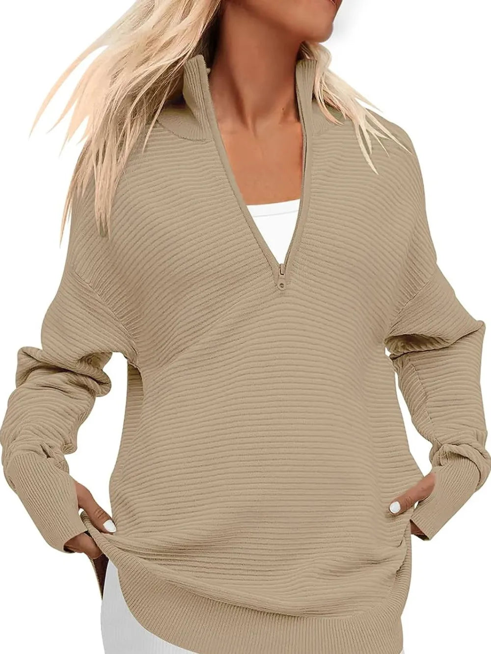 Half Zip Long Sleeve Knit Top by Trendsi