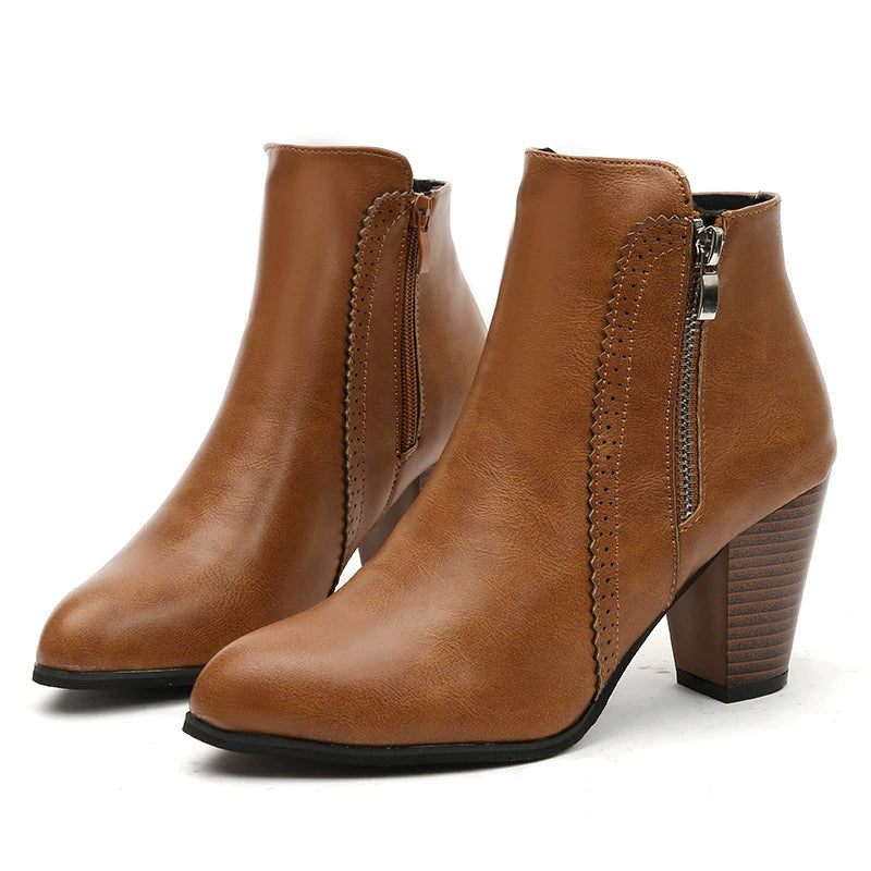 PU Leather Block Heel Boots by Trendsi