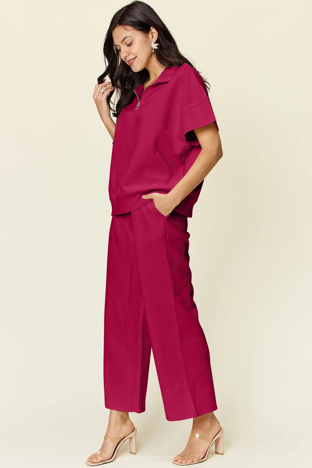 Double Take Full Size Texture Half Zip Short Sleeve Top and Pants Set by Trendsi