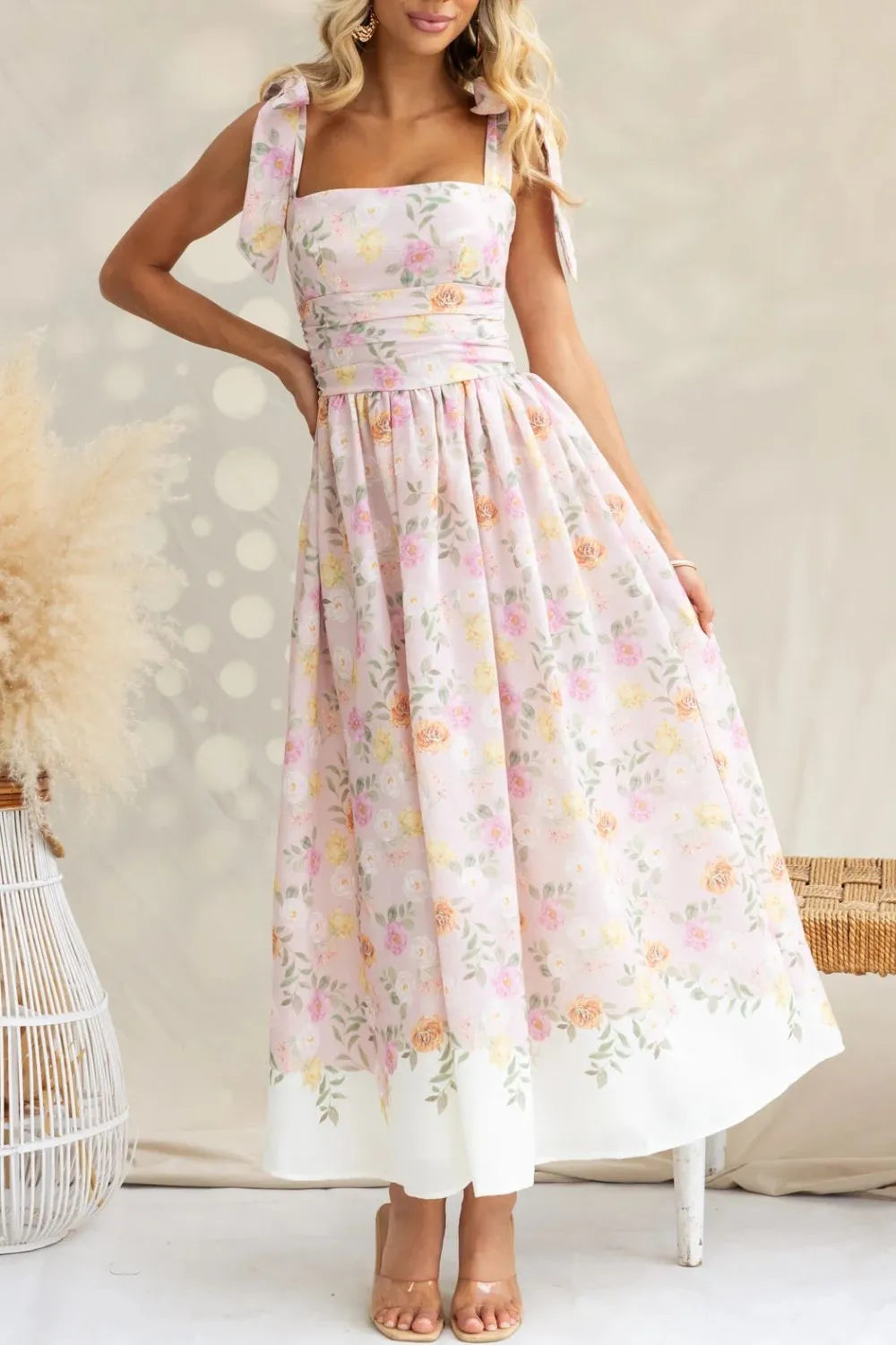 Printed Tie Shoulder Midi Cami Dress by Trendsi