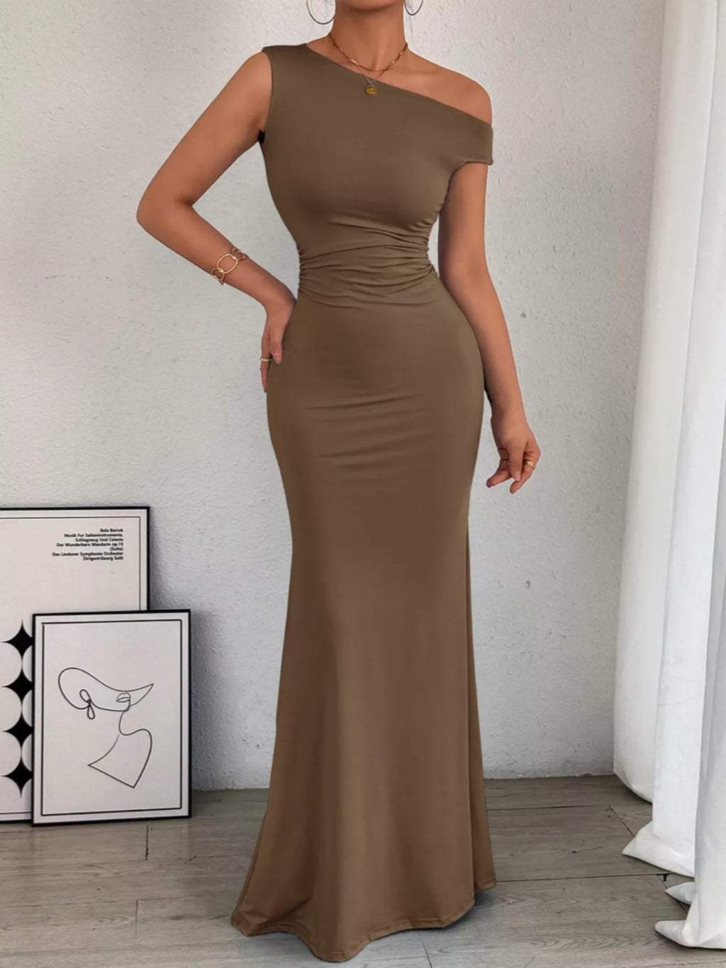 One-Shoulder Ruched Bodycon Maxi Dress by Trendsi