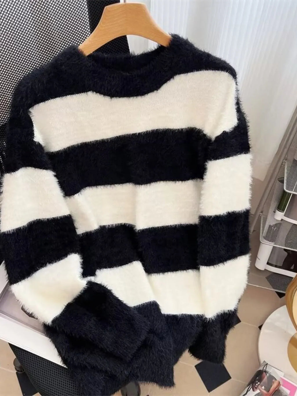 Men's Plus Size Striped Fuzzy Knit Pullover Sweater by Trendsi