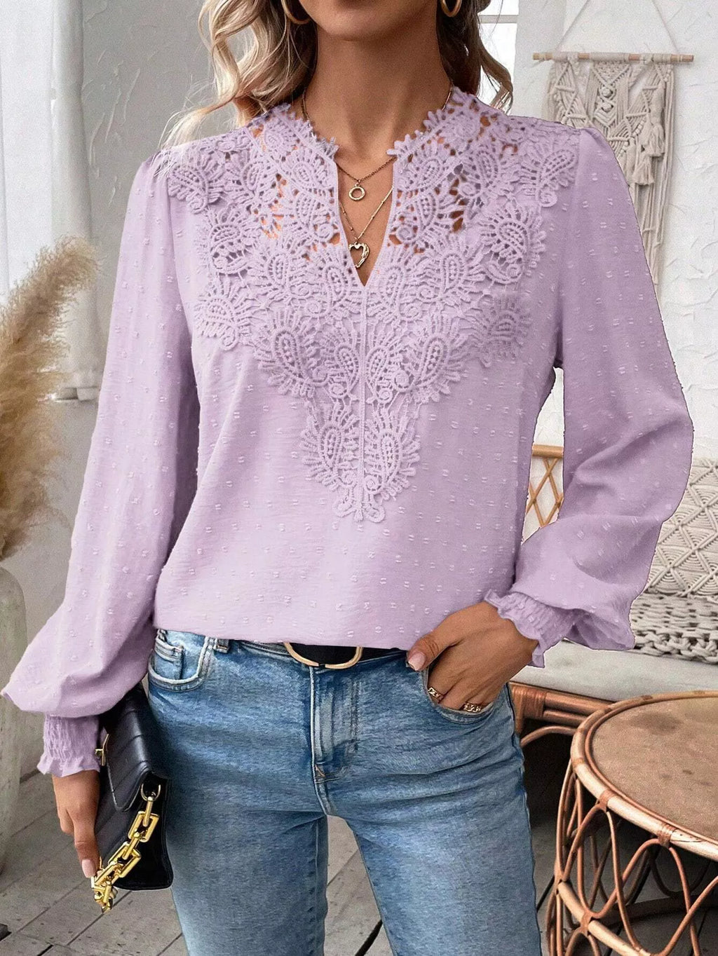Swiss Dot Lace Detail Long Sleeve Blouse by Trendsi