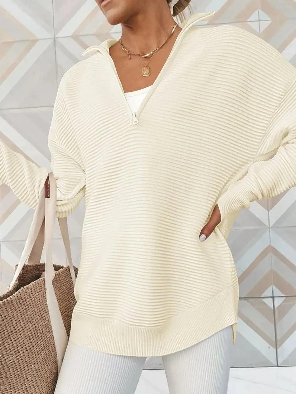Half Zip Long Sleeve Knit Top by Trendsi