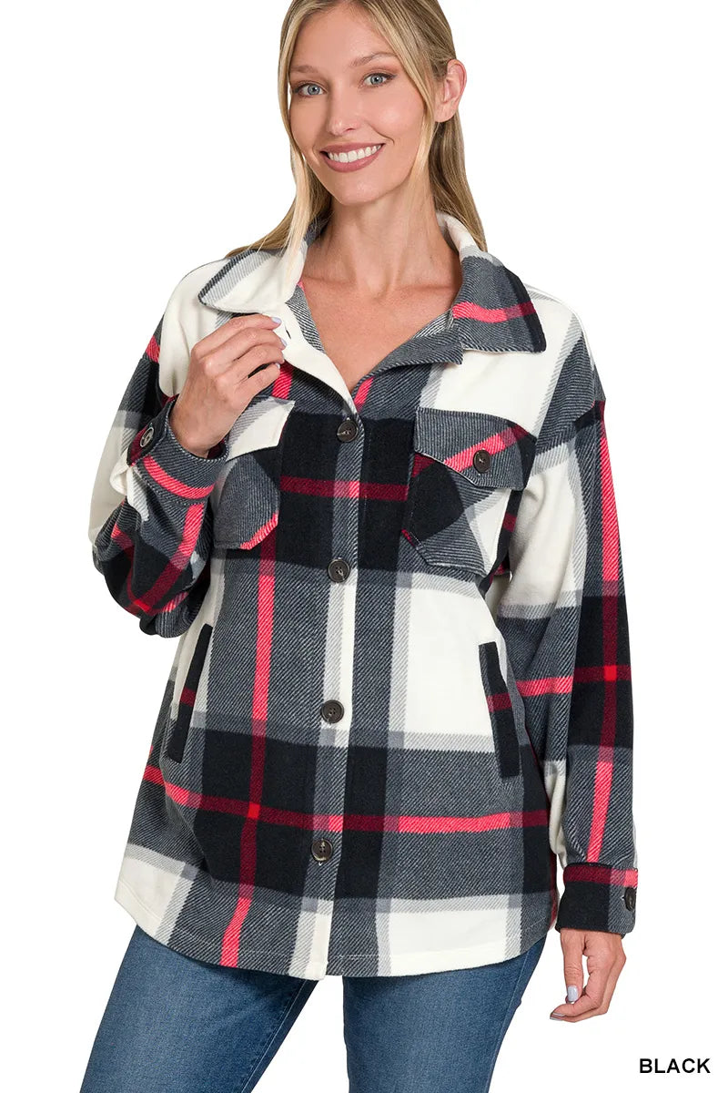 Zenana Oversized Plaid Fleece Shacket by Trendsi