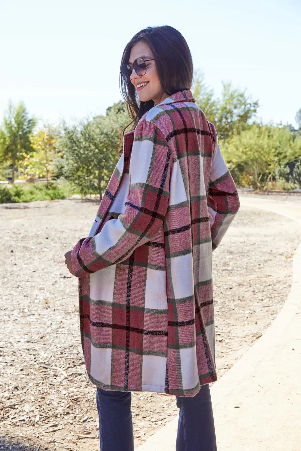 Double Take Full Size Plaid Button Up Lapel Collar Coat by Trendsi