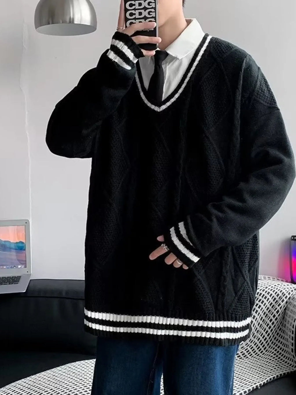 Men's Plus Size V-Neck Striped Trim Knitted Pullover by Trendsi