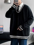 Men's Plus Size V-Neck Striped Trim Knitted Pullover by Trendsi