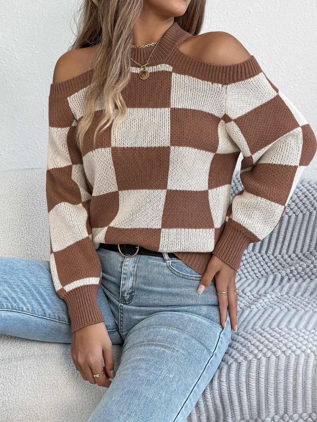 Cold Shoulder Checkered Long Sleeve Sweater by Trendsi