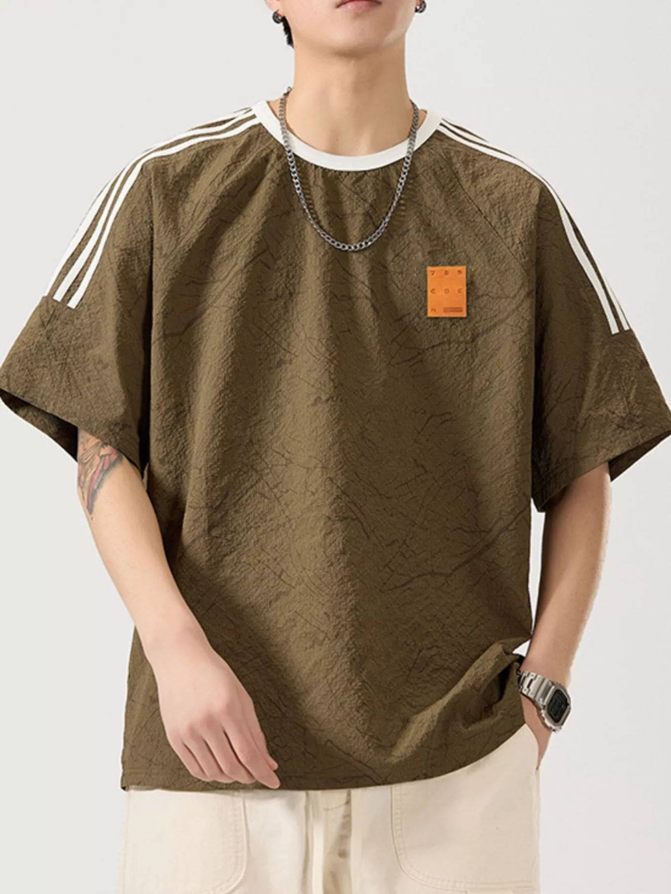 Men's Full Size Striped Shoulder Relaxed Fit T-Shirt Plus Size by Trendsi