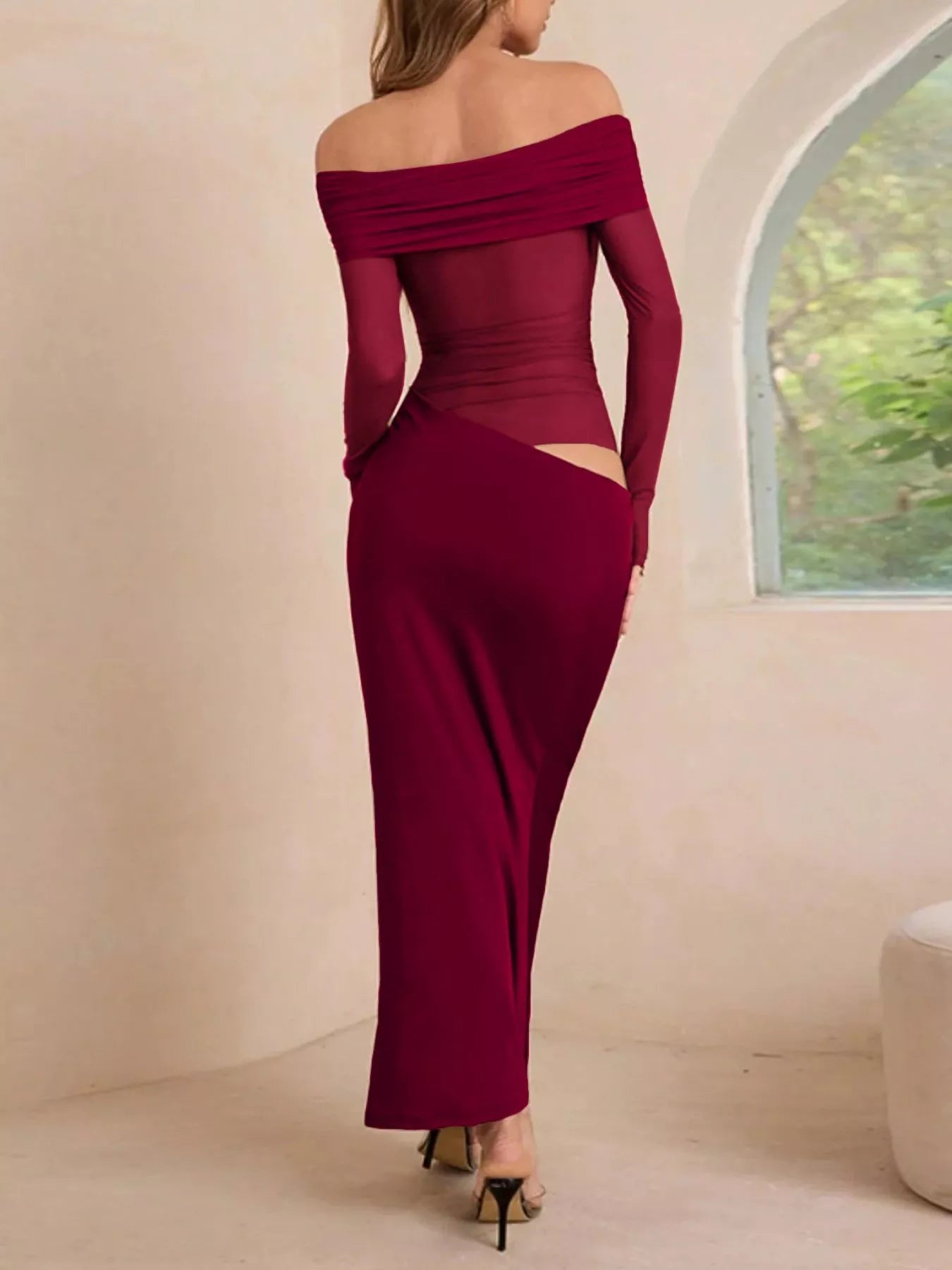 Off-Shoulder Long Sleeve Ruched Bodycon Maxi Dress by Trendsi