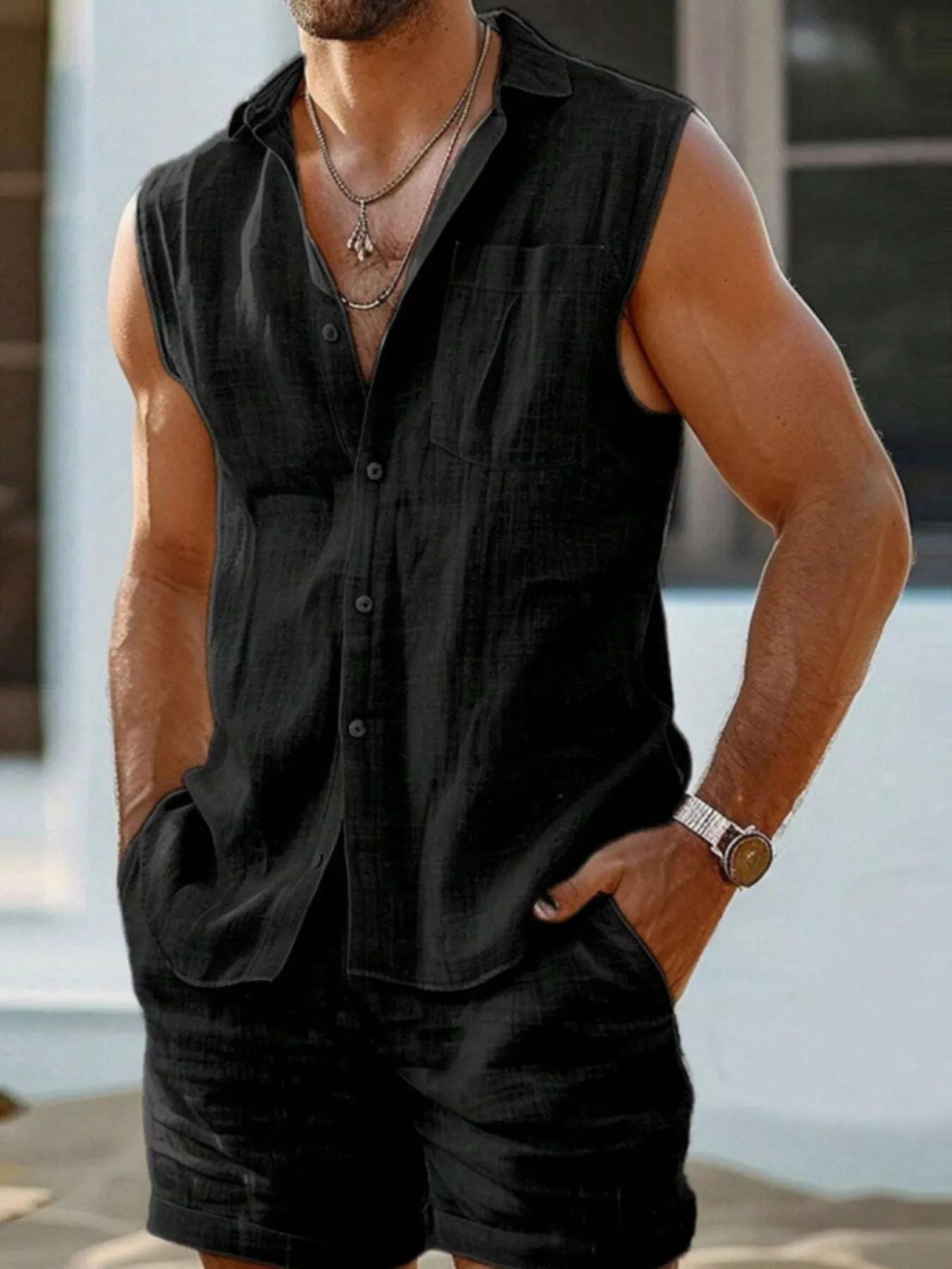 Men's Plus Size Casual Button Up Vest & Shorts Set by Trendsi