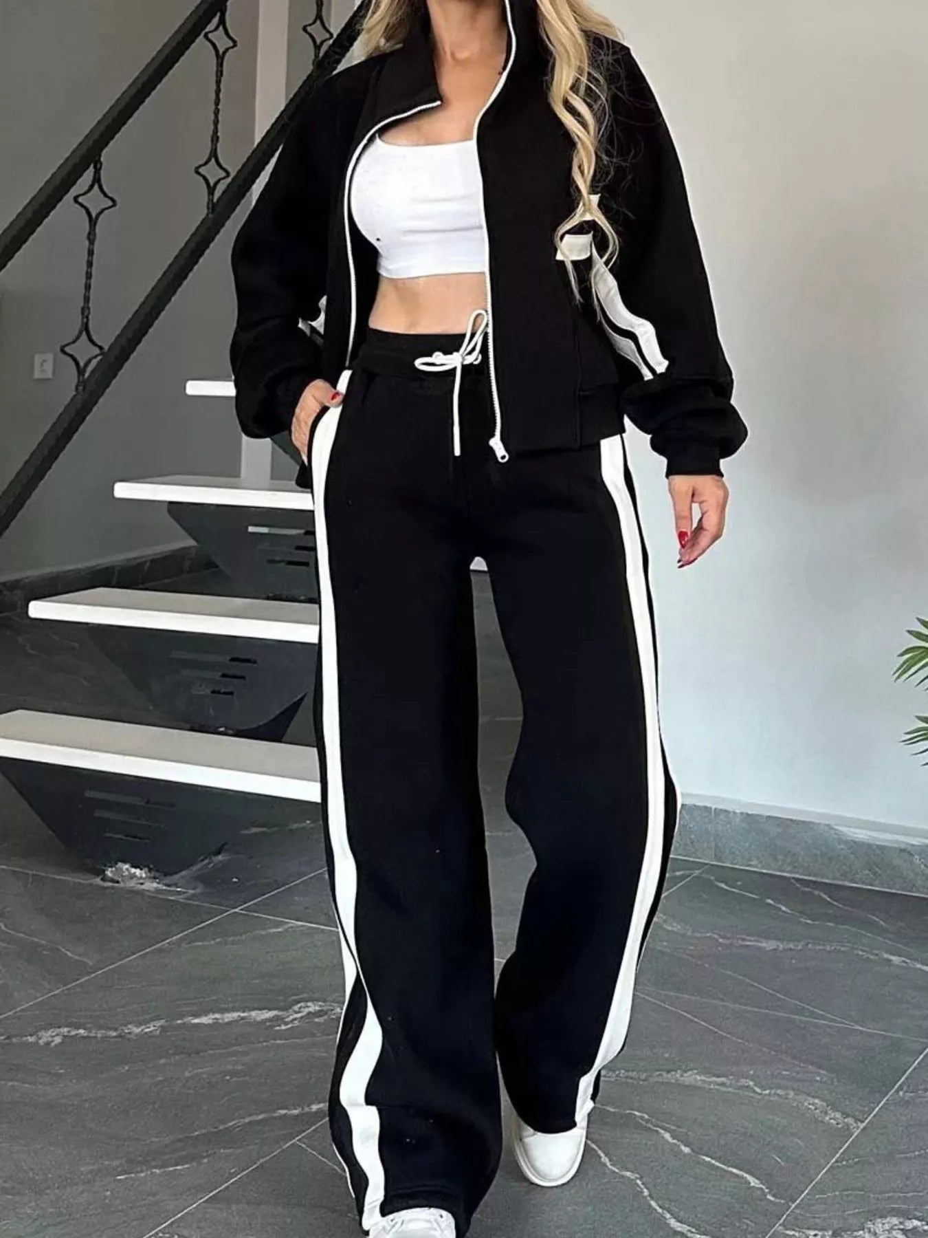Full Size Contrast Stripe Zip Up Jacket and Pants Set Plus Size by Trendsi