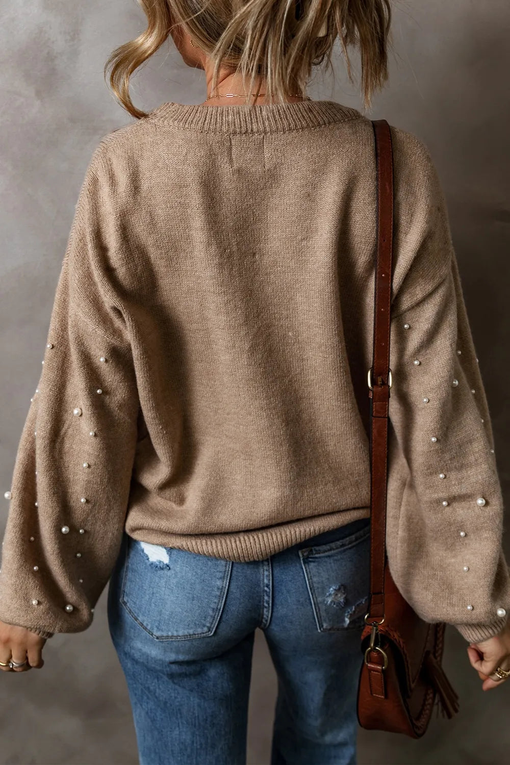 Pearl Detail Round Neck Long Sleeve Sweater by Trendsi