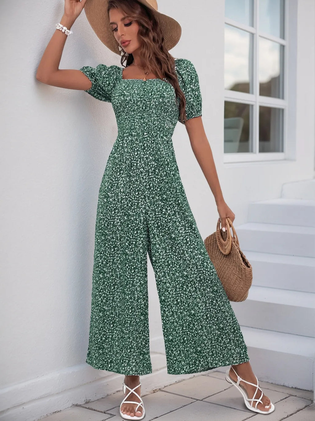 Printed Square Neck Puff Sleeve Jumpsuit by Trendsi